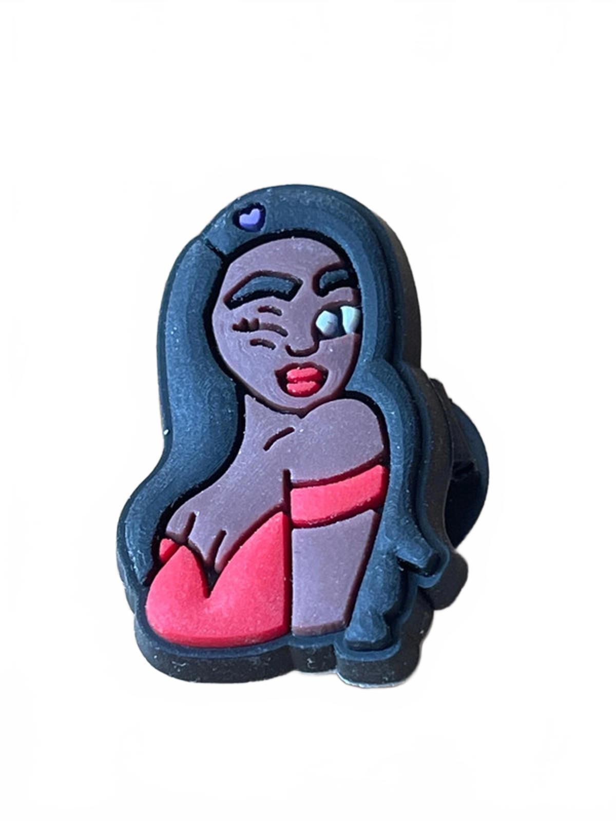 Sexy black girl with long black hair in red dress winking shoe charm