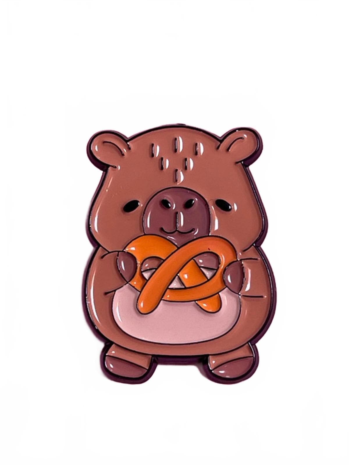 Cute capybara holding an orange pretzel on a white background