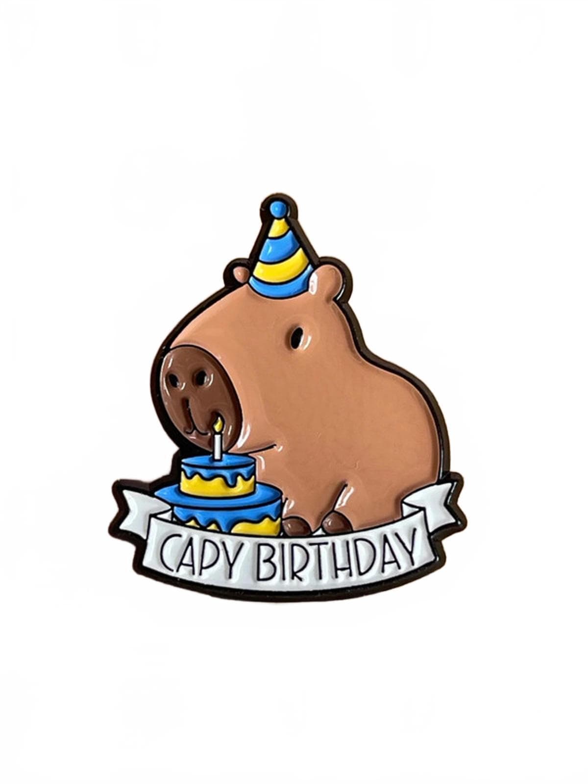 Cute capybara celebrating birth with blue and yellow cake and wearing a birthday hat enamel pin