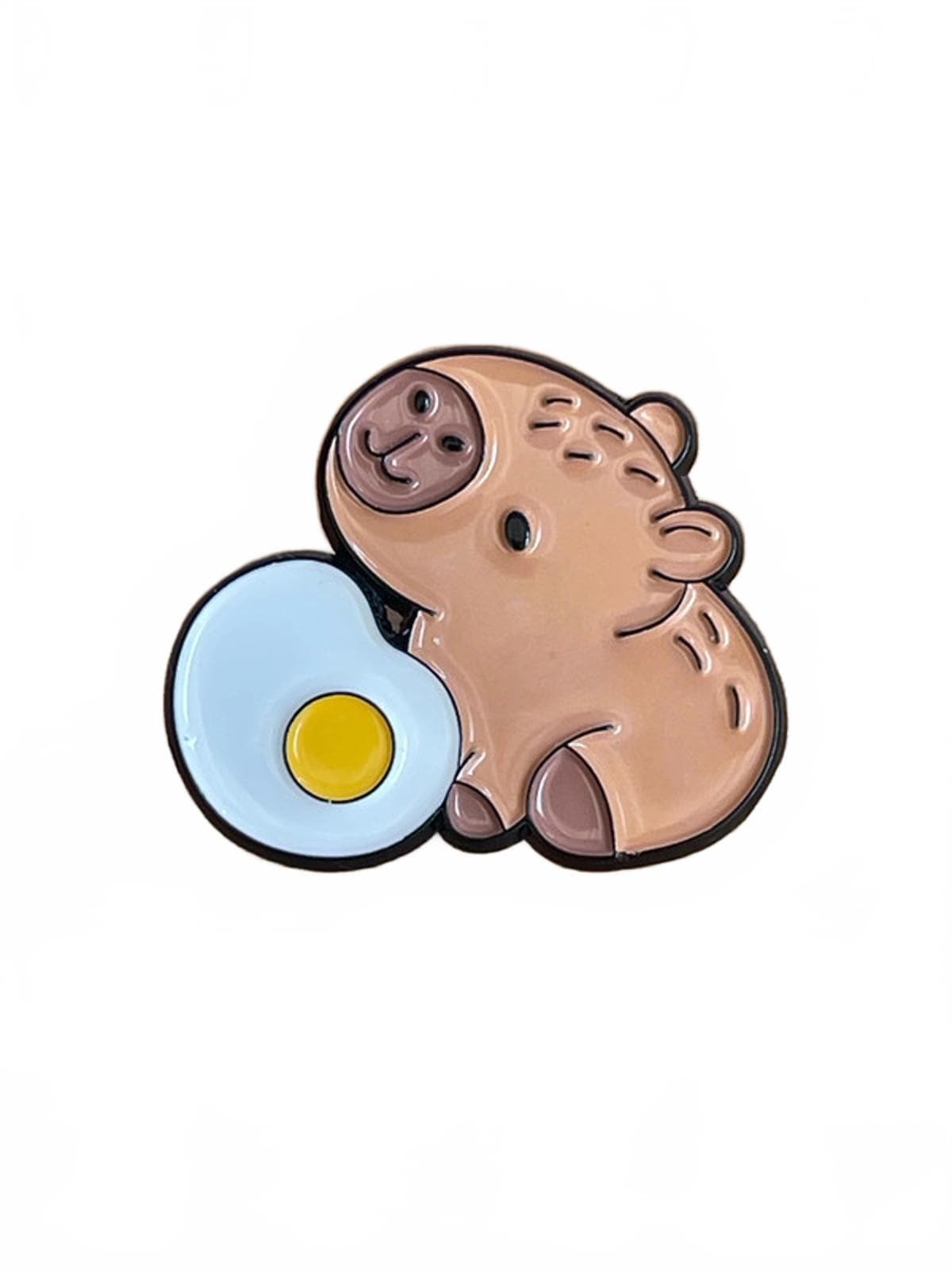 Cute capybara sitting next to fried egg enamel pin