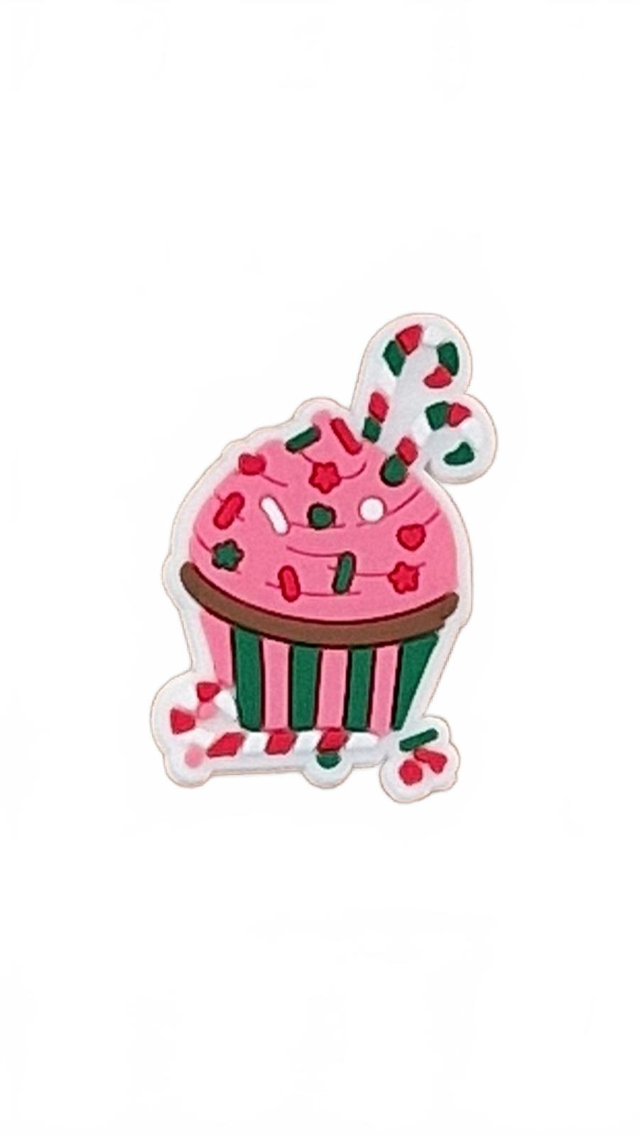 Cute pink muffin with candy cane and sprinkles Christmas shoe charm