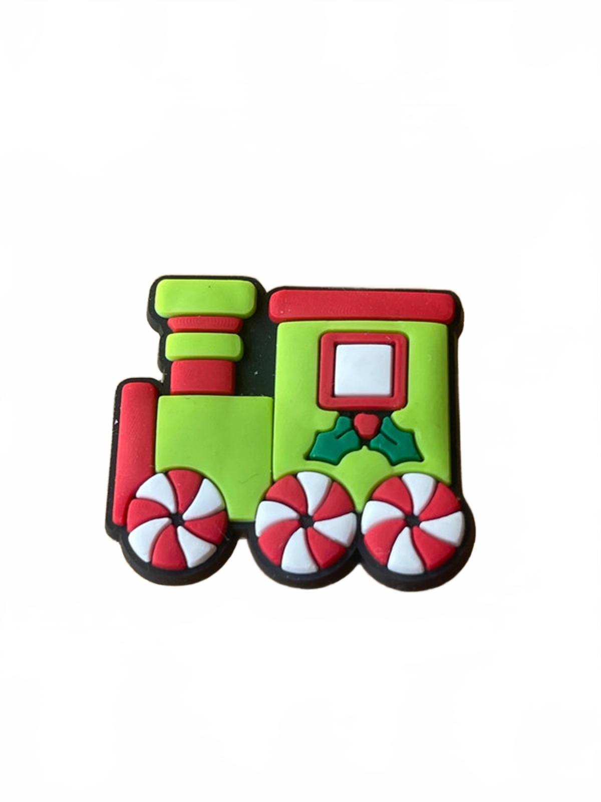 Green and red toy train Christmas shoe charm