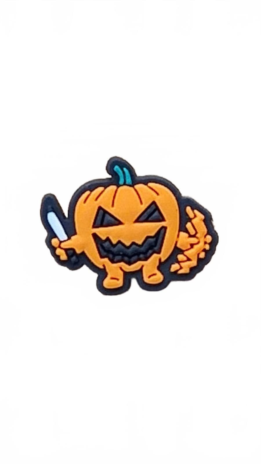 Creepy walking pumpkin holding knife and shield Halloween shoe charm
