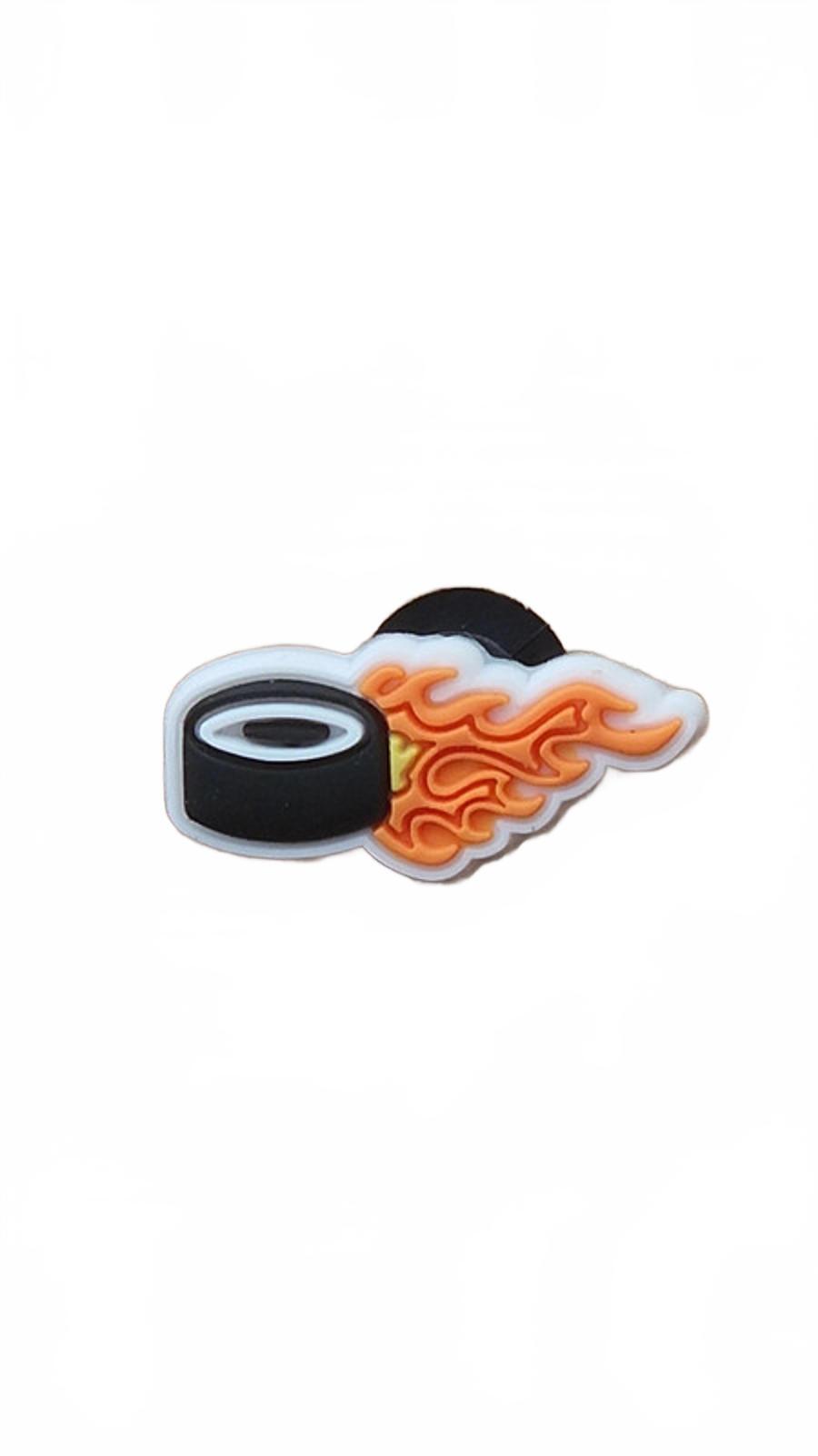 Ice hockey puck with trail of flames shoe charm