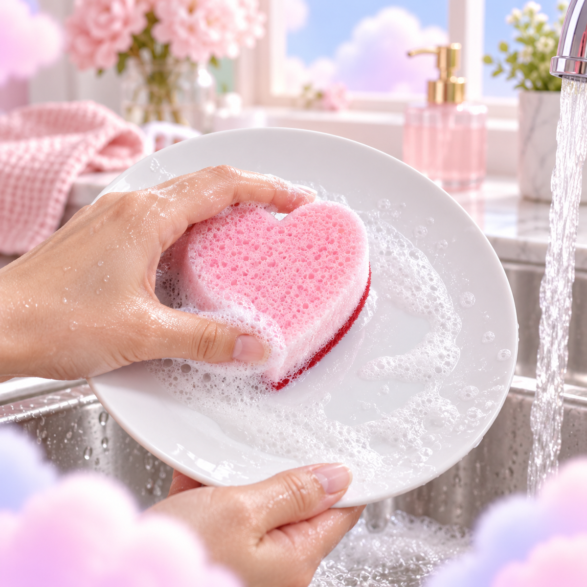 Pink heart-shaped kitchen sponge being used to wash a white plate with soapy water.
