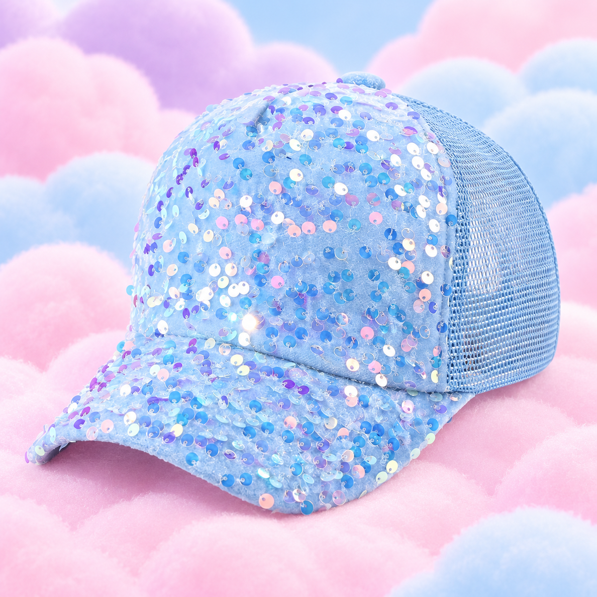 Pastel blue mesh trucker cap with blue, lilac and pink sequins on fluffy pastel clouds.