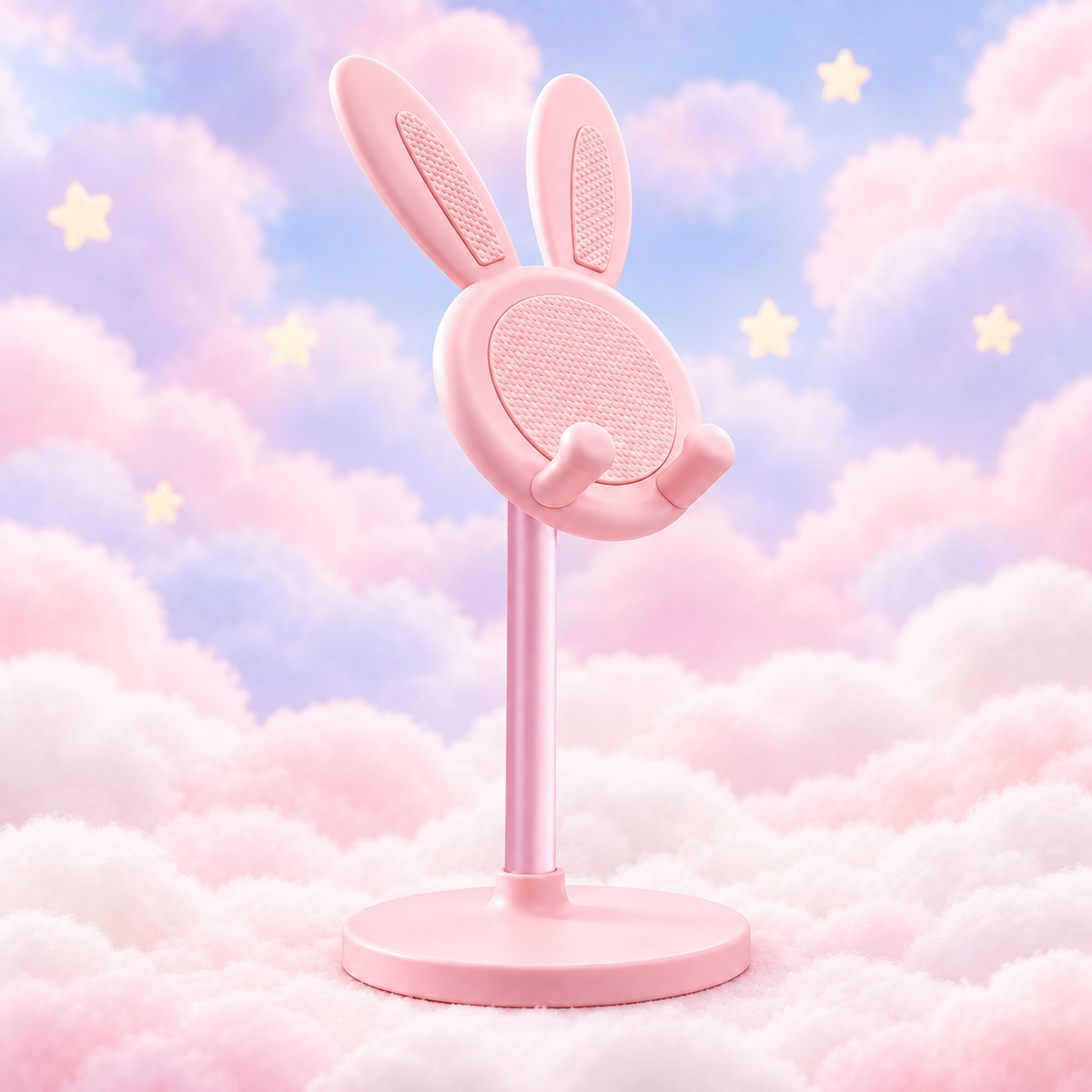 Pink bunny phone stand with textured pads and a circular base on pastel clouds.