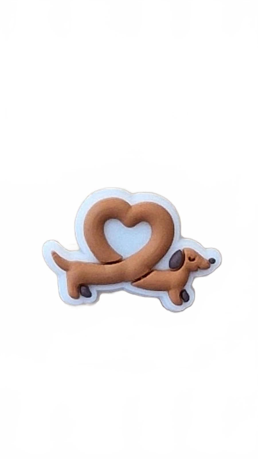 Brown pretzel sausage dog with heart shoe charm