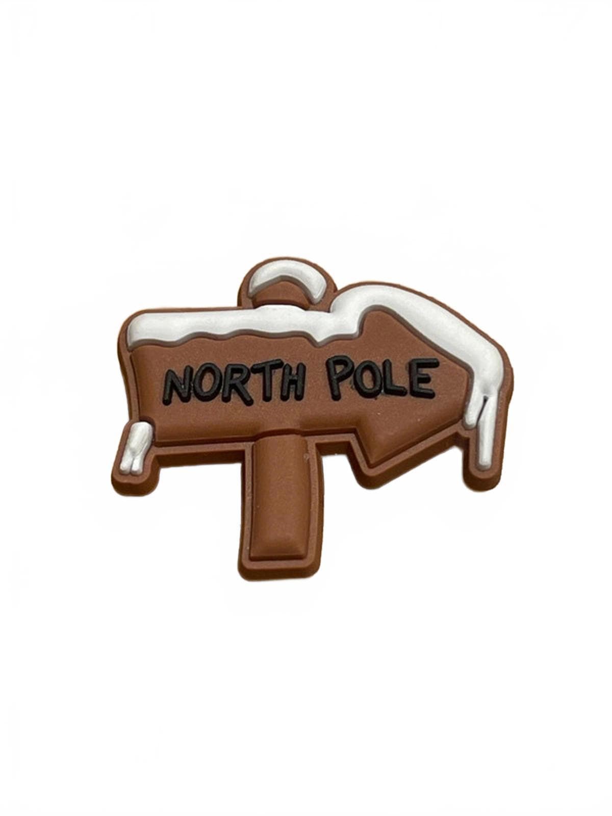 Brown sign post labelled North Pole covered in snow shoe Christmas shoe charm
