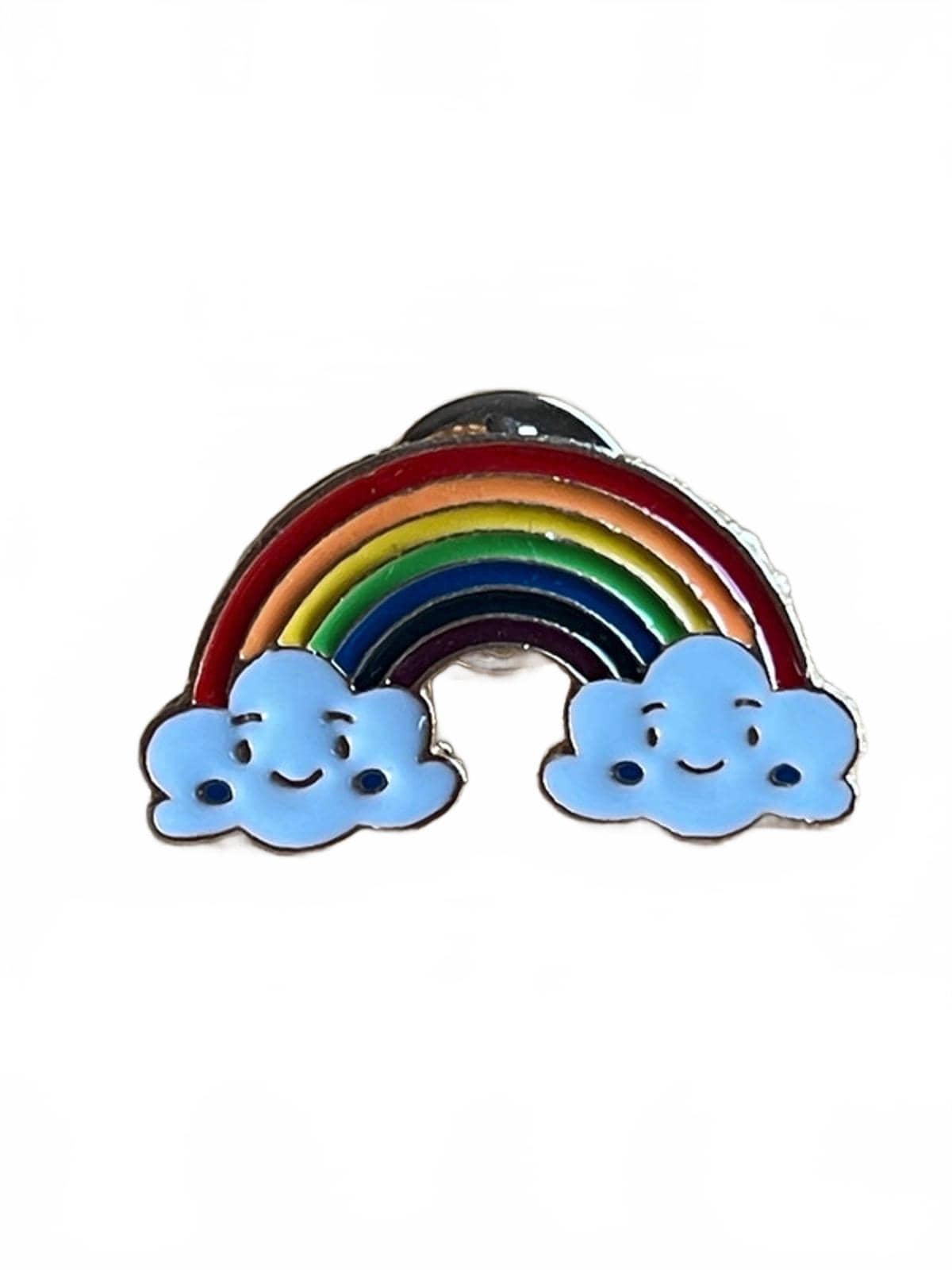 Cute rainbow with 2 smiley clouds and red cheeks enamel pin