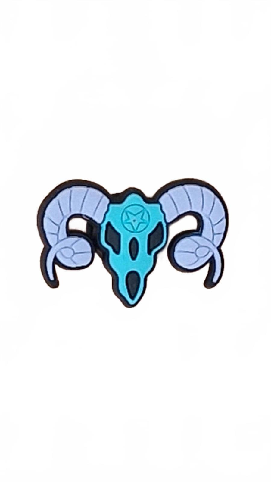 Purple and blue ram skull with pentagram shoe charm.