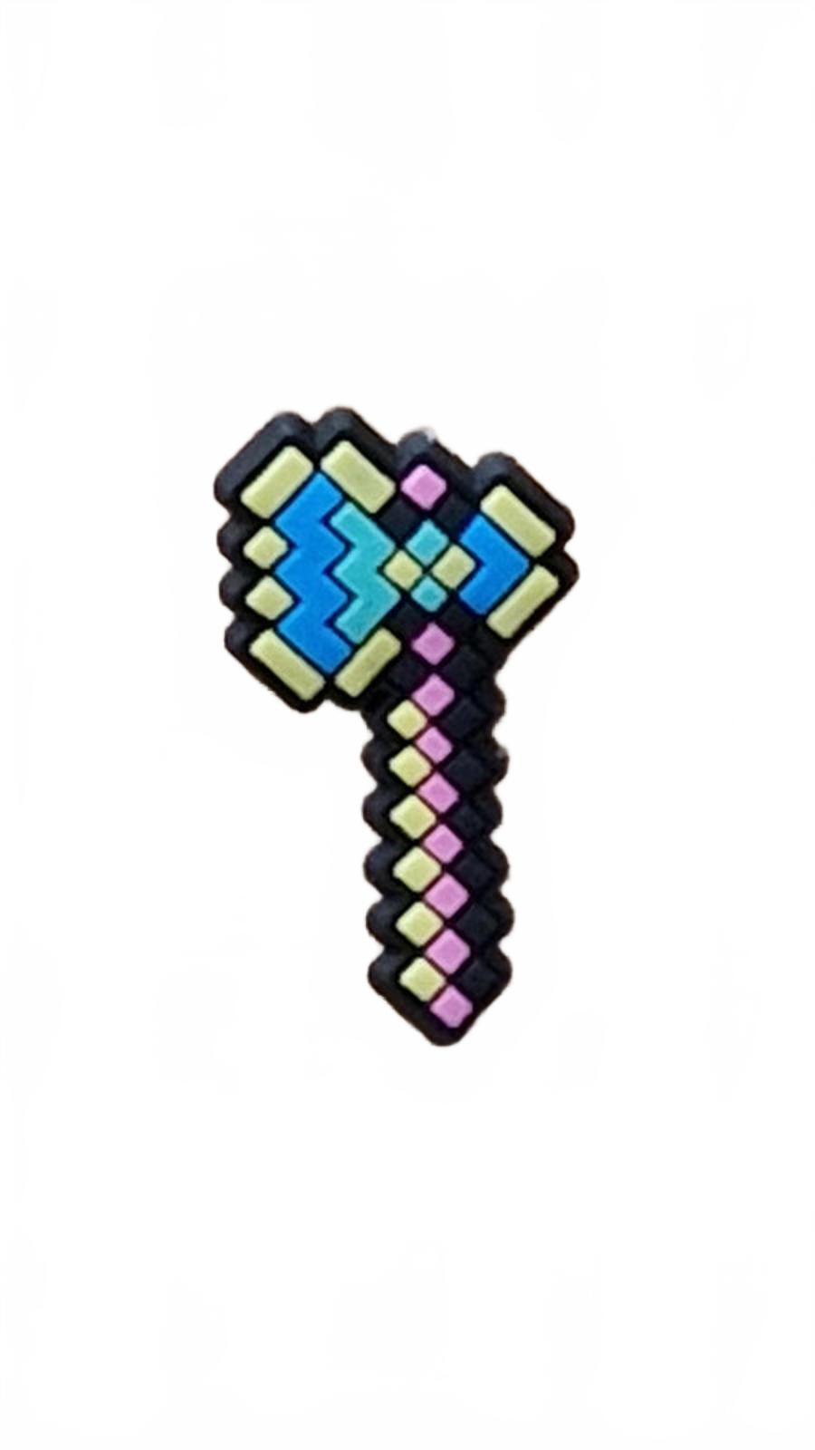 Pink and yellow retro gaming pixel axe shoe charm