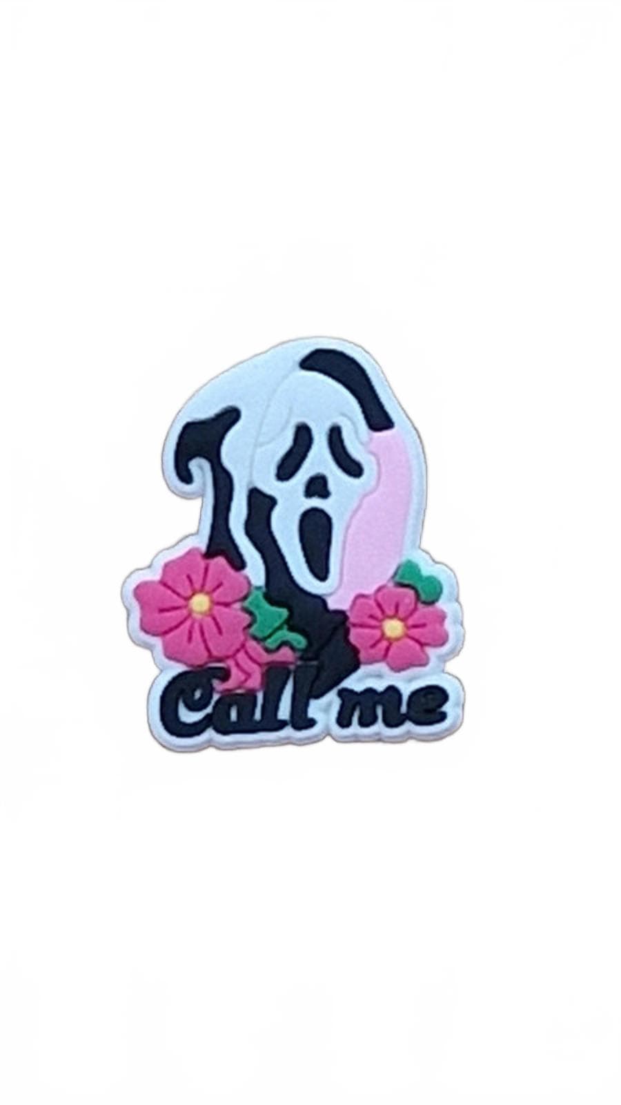 Masked man with pink flowers and call me Halloween shoe charm
