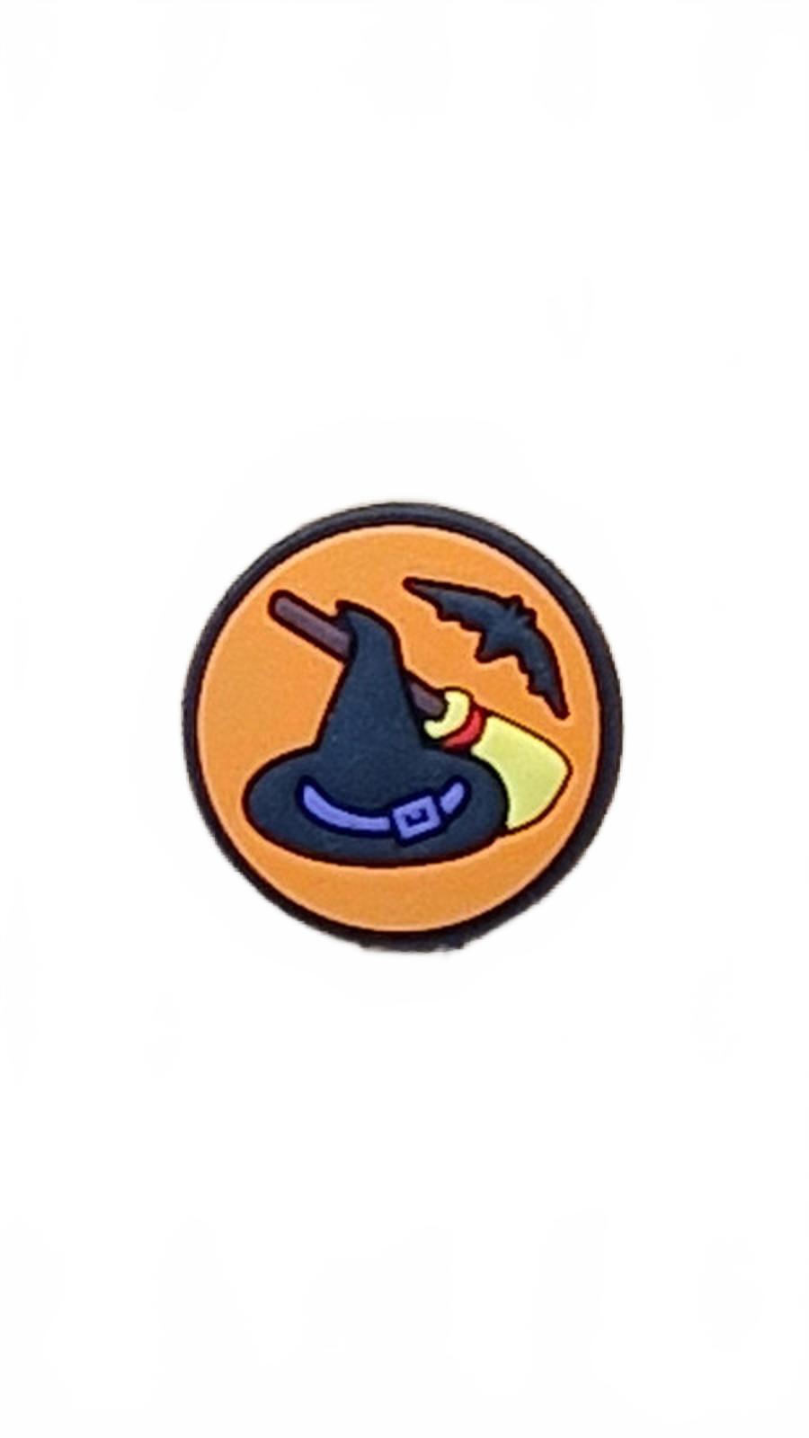 Orange badge with witches hat and broom with bat Halloween shoe charm