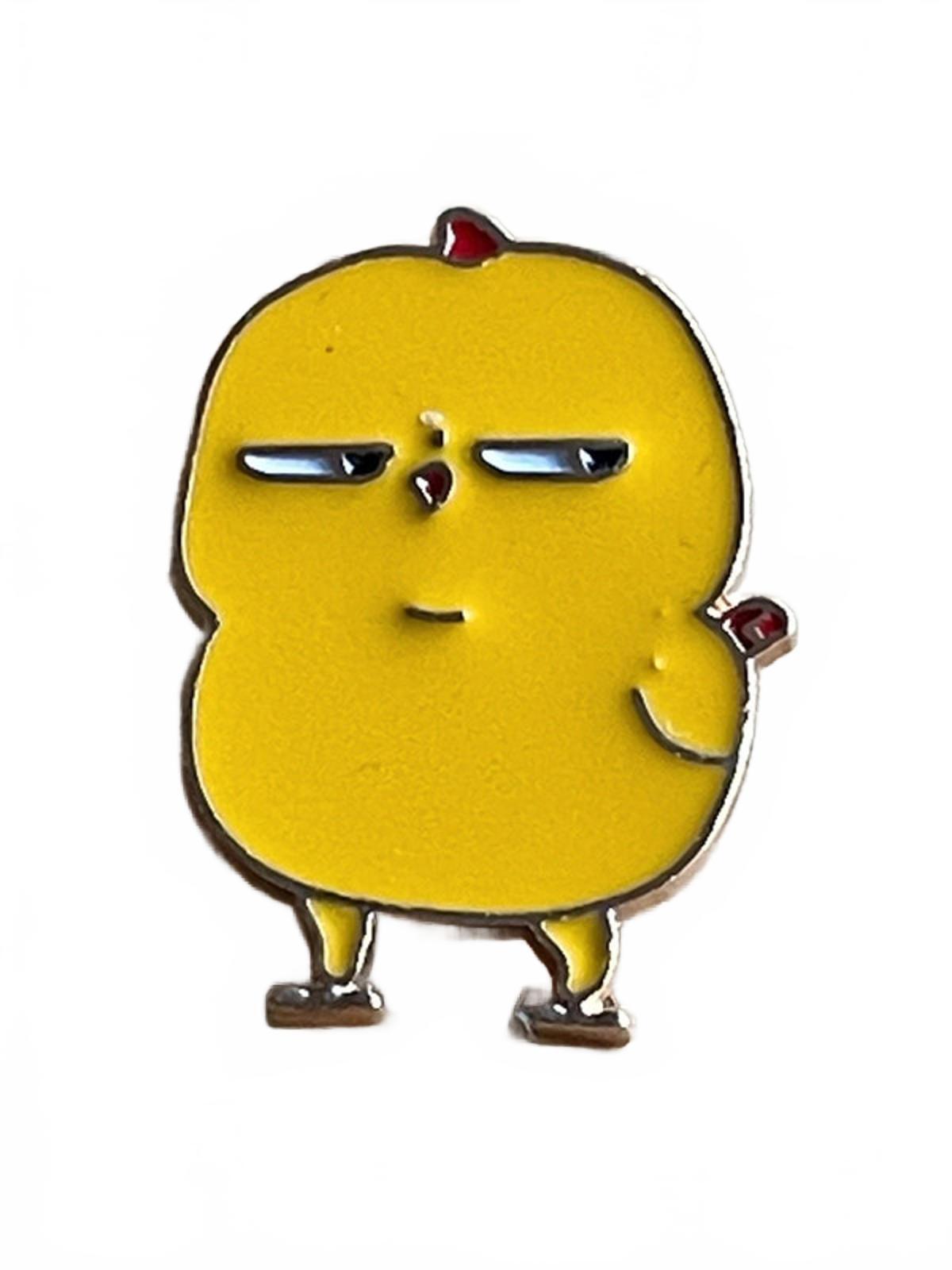 Yellow chick standing with a side eye enamel pin