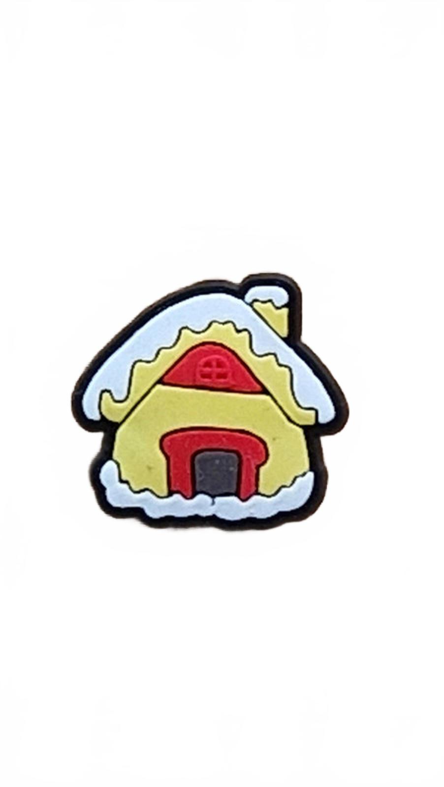 Cartoon style yellow and red ginger bread Christmas house shoe charm