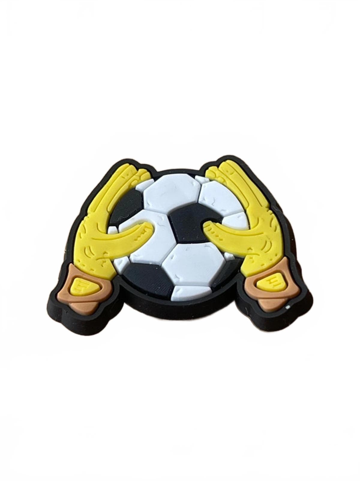 Yellow goalie gloves holding football sport shoe charm