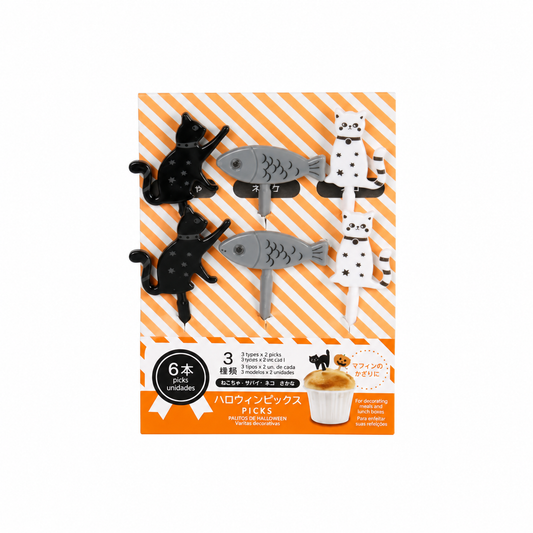 Kawaii cat and fish bento food picks 6 pack in Japanese packaging
