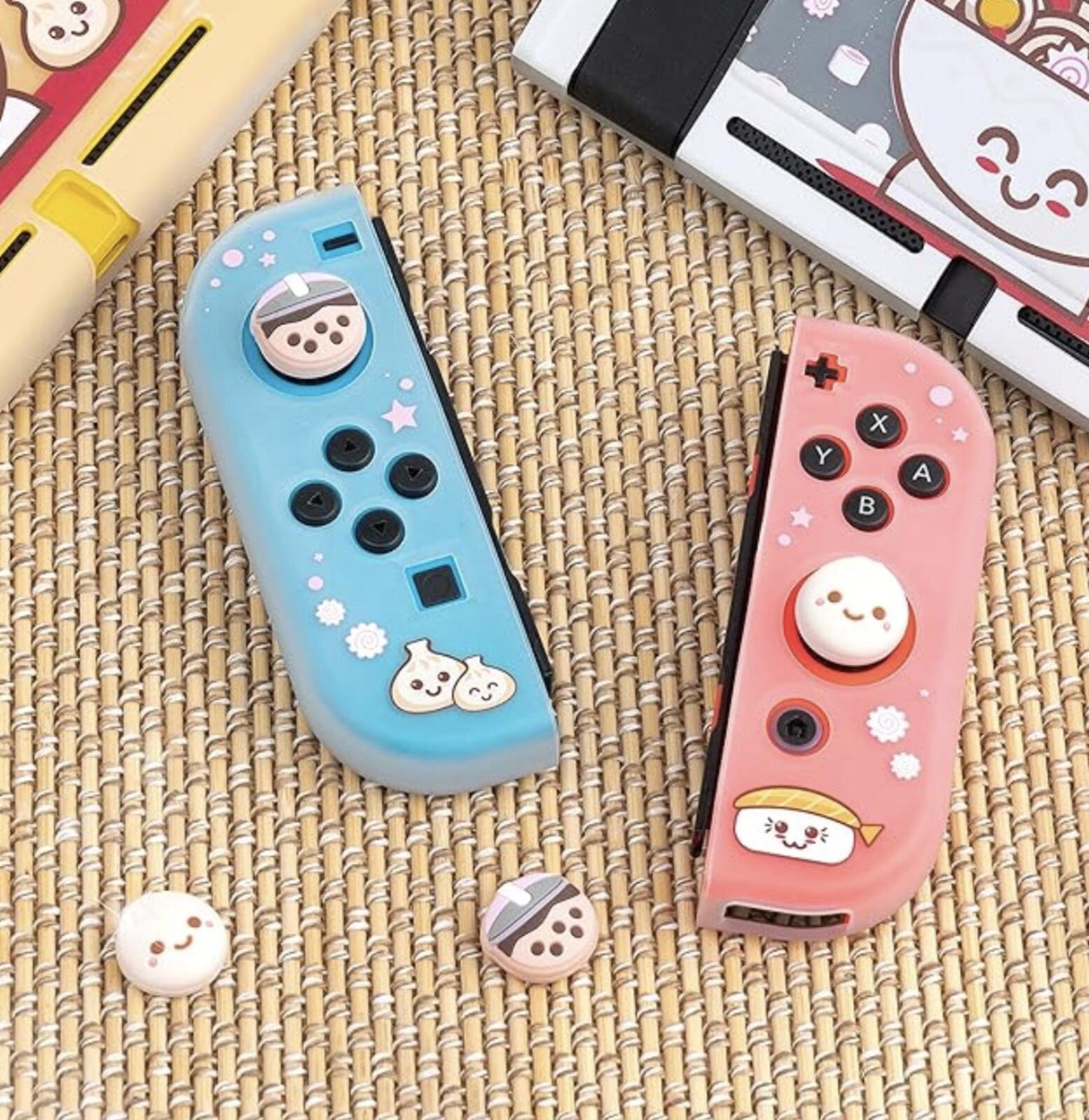 Pastel Pink Bubble Tea & Japanese Dumpling Nintendo Switch Joystick Protective Covers