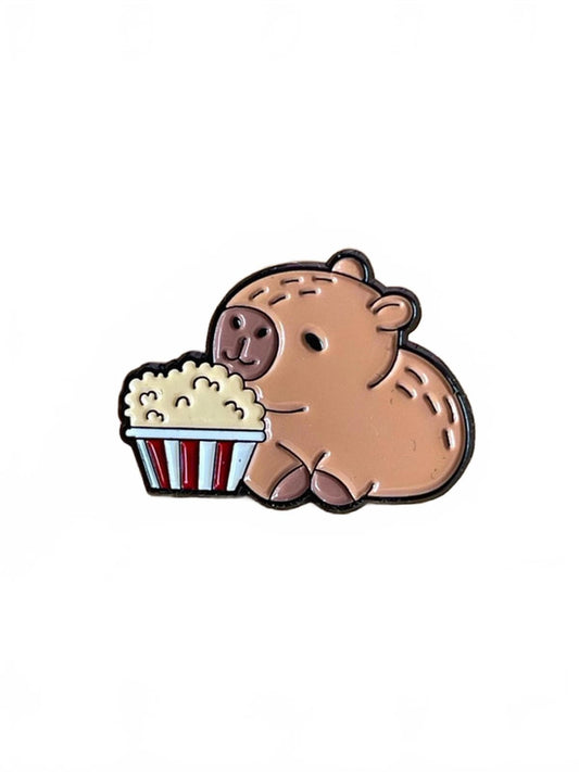 Capybara With A Box Of Popcorn Metal Enamel Pin