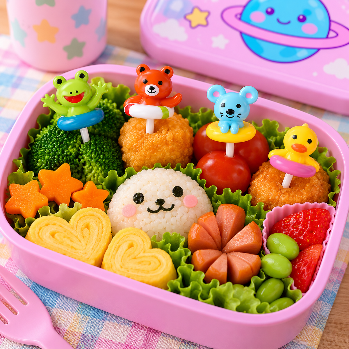 Kawaii frog bear mouse and duck bento food picks used in a colourful kids lunch box
