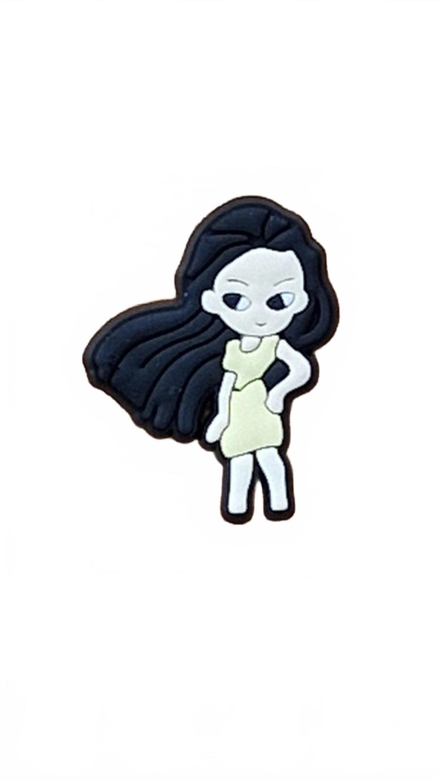 Cute Asian girl with long black hair and hand on hip shoe charm
