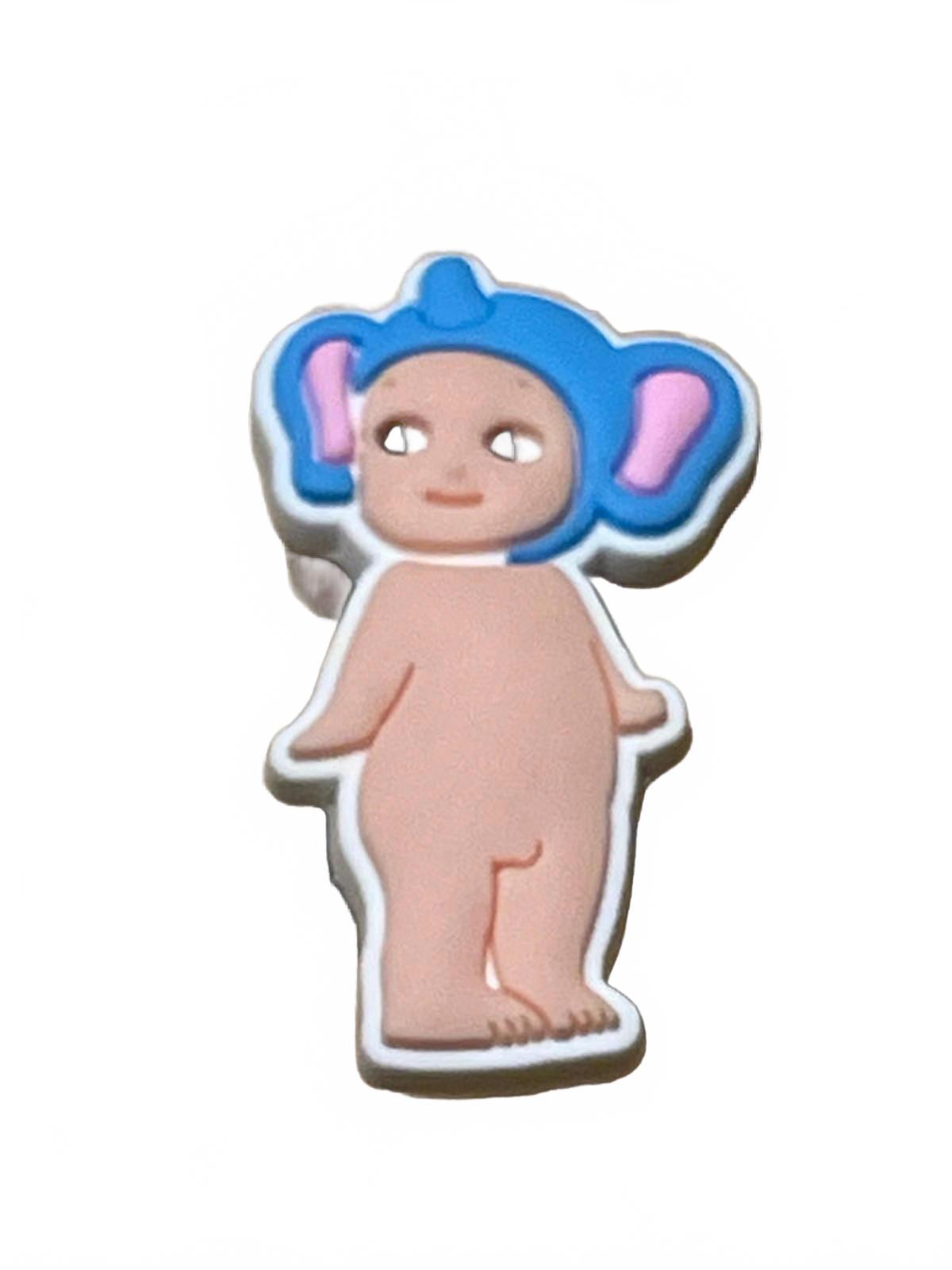 Cute baby wearing blue and pink elephant hat shoe charm