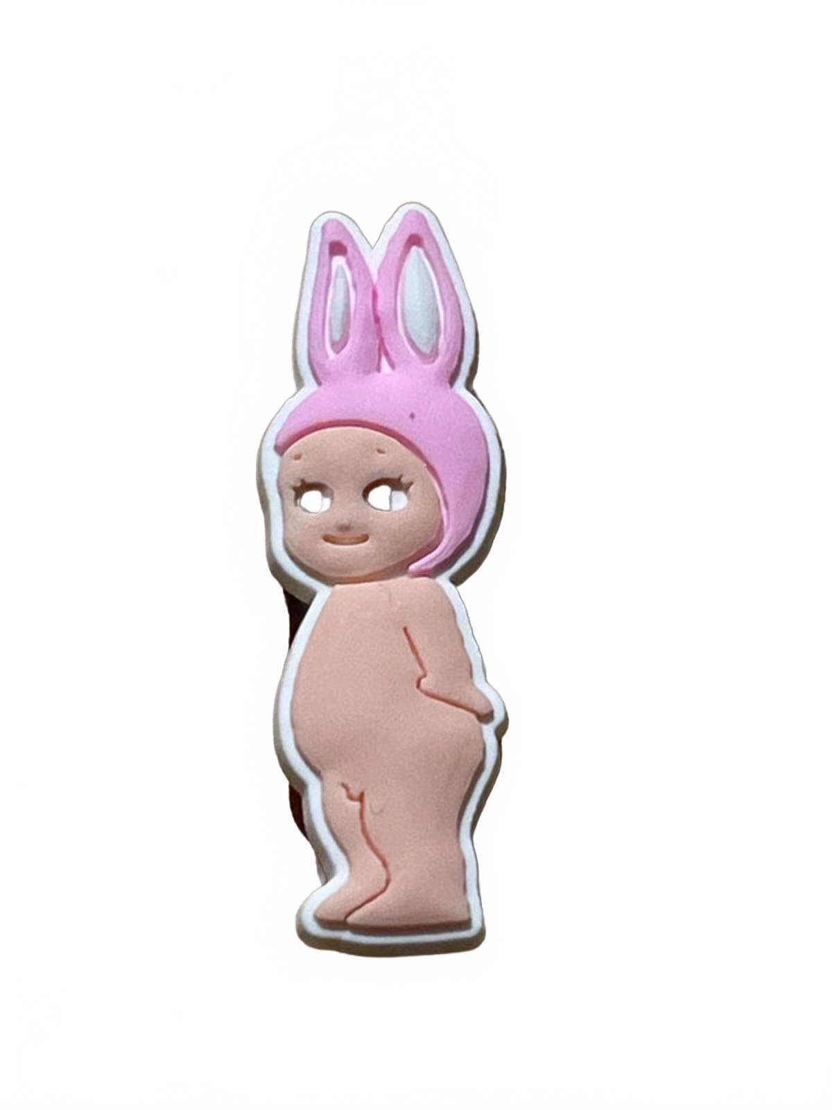 Cute baby wearing pink rabbit hat shoe charm