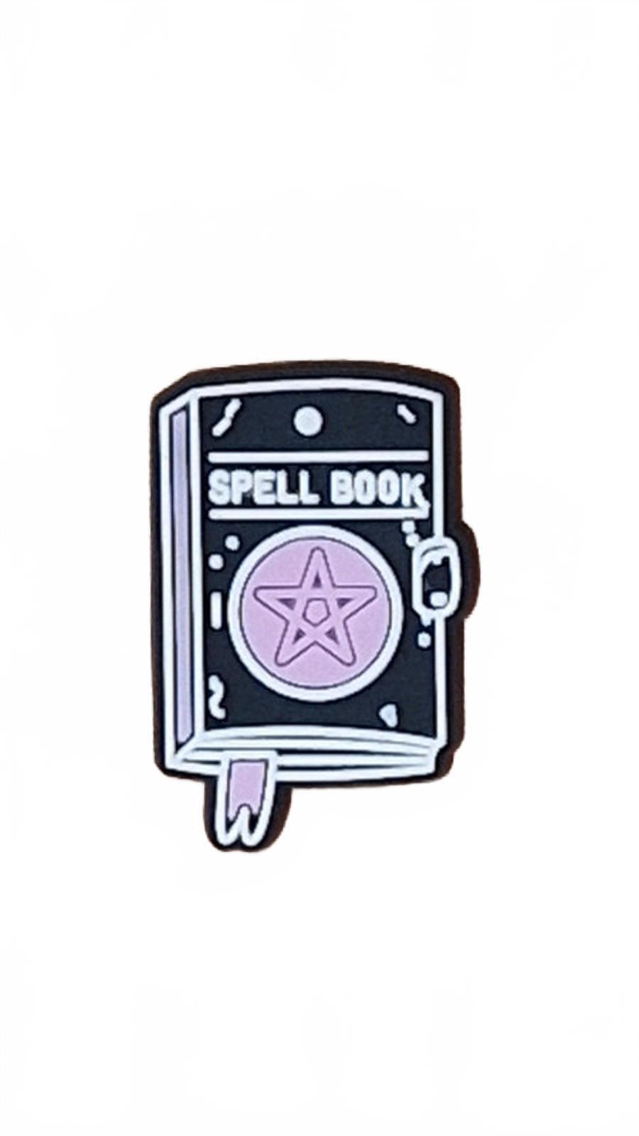 Black and purple spell book with pentagram shoe charm