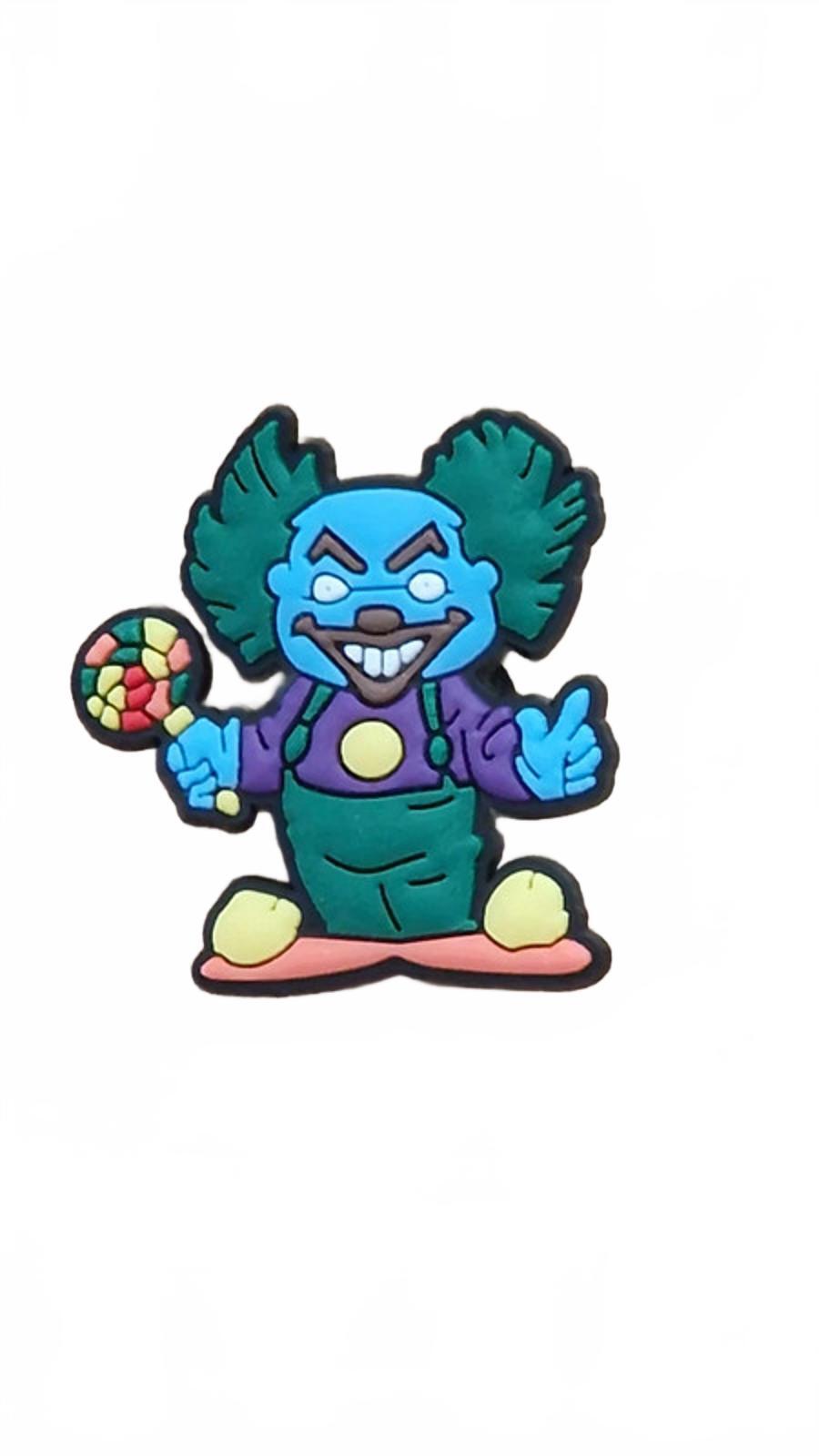 Blue and green scary clown holding lollipop Halloween shoe charm