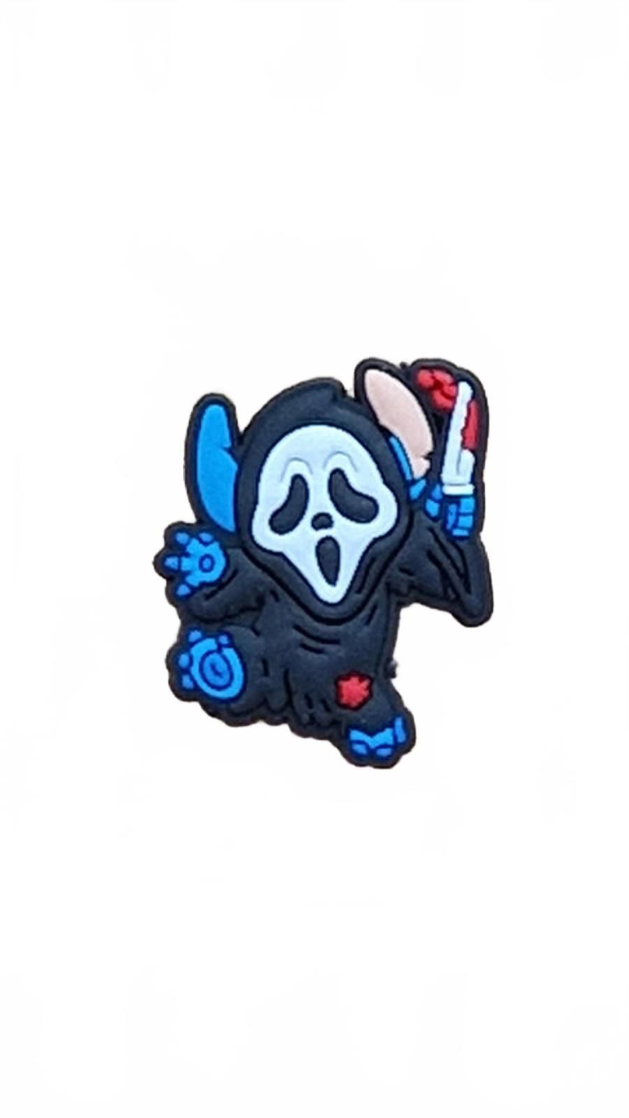 Cute blue monster in black robe wearing ghost mask and holding knife Halloween shoe charm