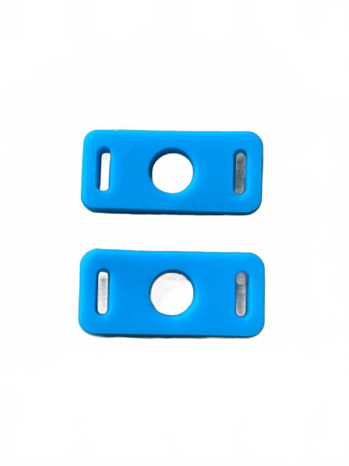 Two blue shoe charm clip adaptors on a white background