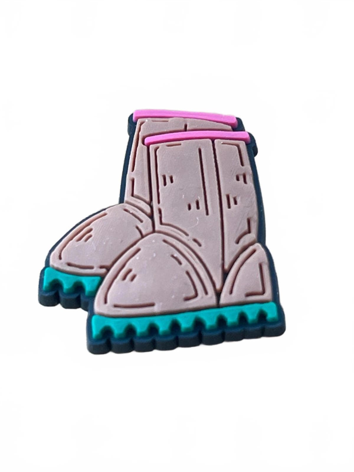 Brown winter boots with blue soles and pink times Christmas shoe charm