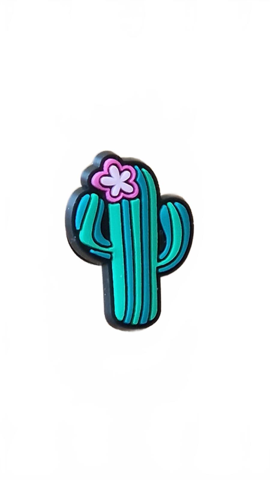 Cute green striped standing cactus with pink flower shoe charm