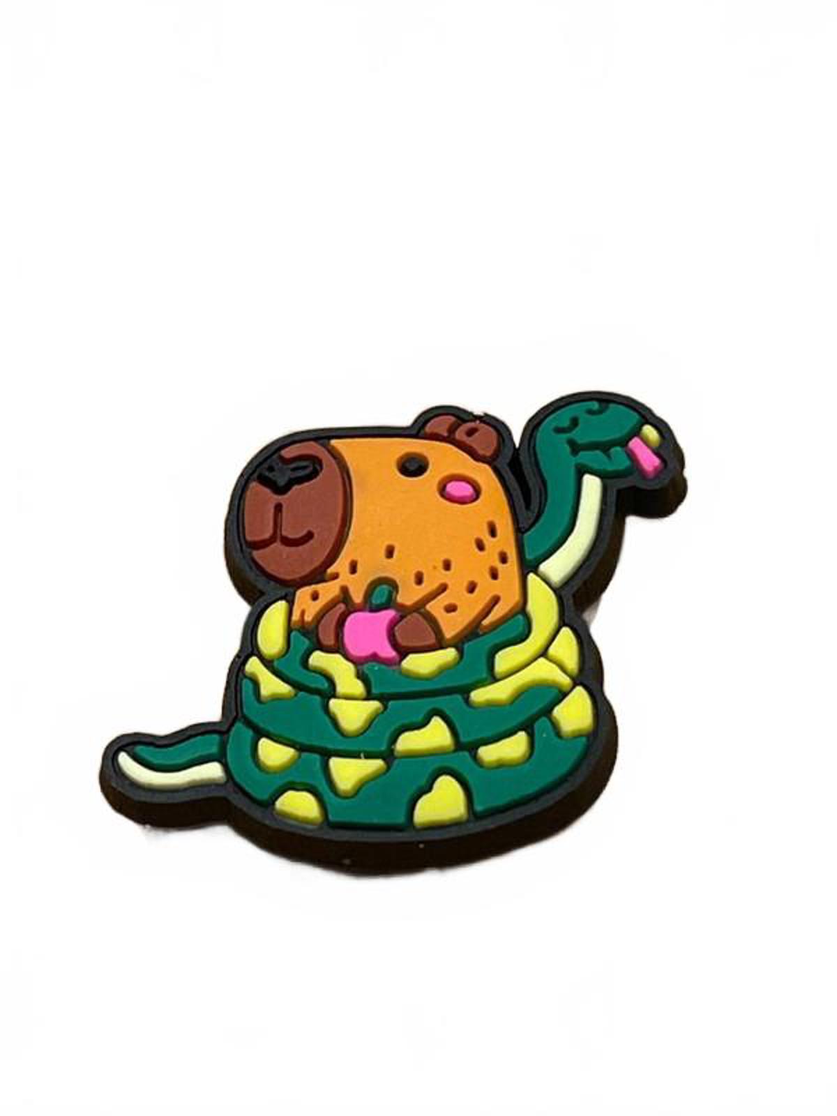Cute capybara holding pink apple wrapped by snake shoe charm