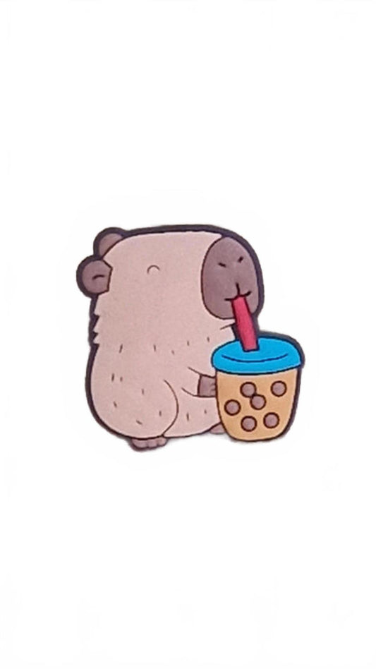 Cute capybara drinking bubble tea through straw shoe charm