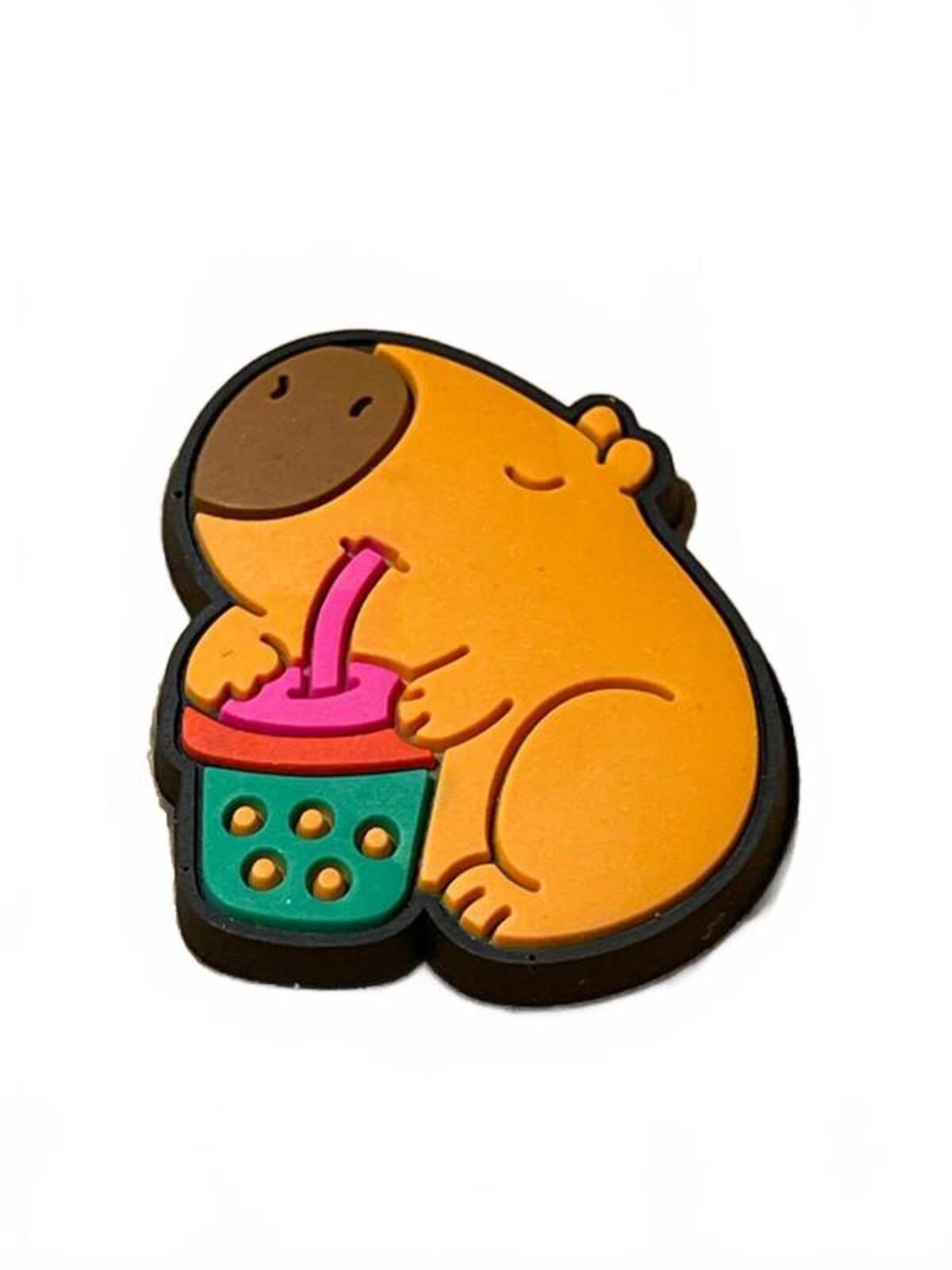 Cute capybara drink bubble tea from pink straw shoe charm