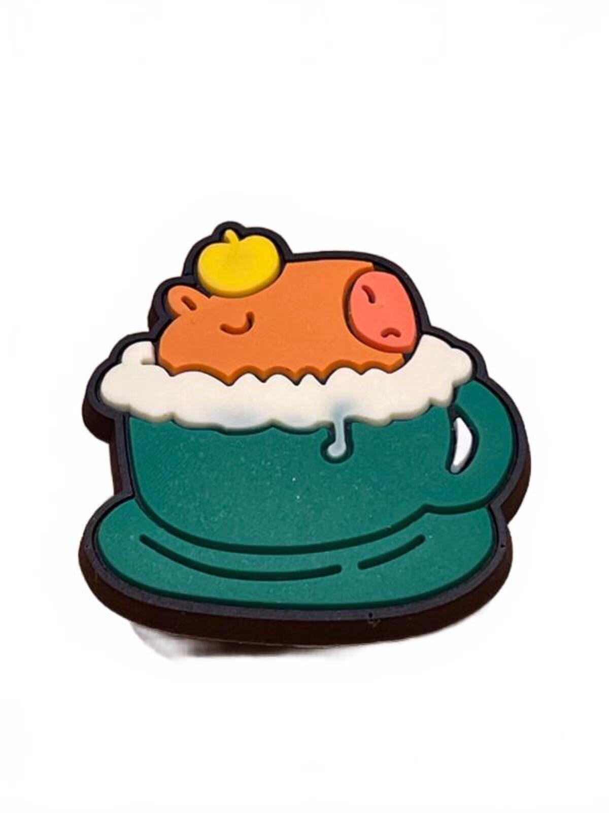 Cute capybara bathing in green cup with foam and apple on head shoe charm