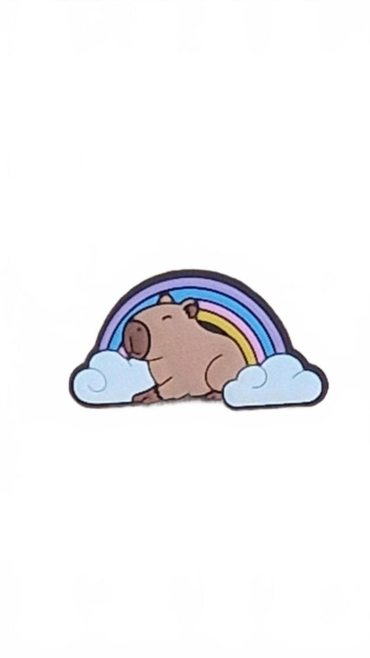 Cute capybara under rainbow with clouds shoe charm