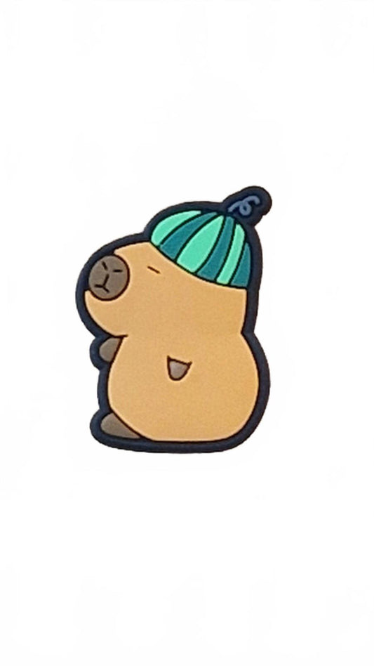 Cute capybara wearing green striped melon hat shoe charm