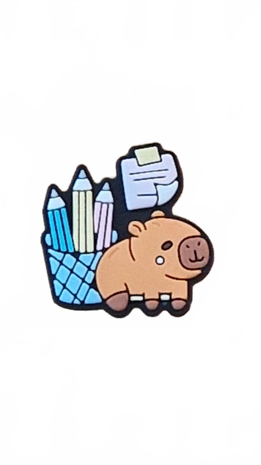 Cute capybara with stationary pot with pencils and sticky note shoe charm