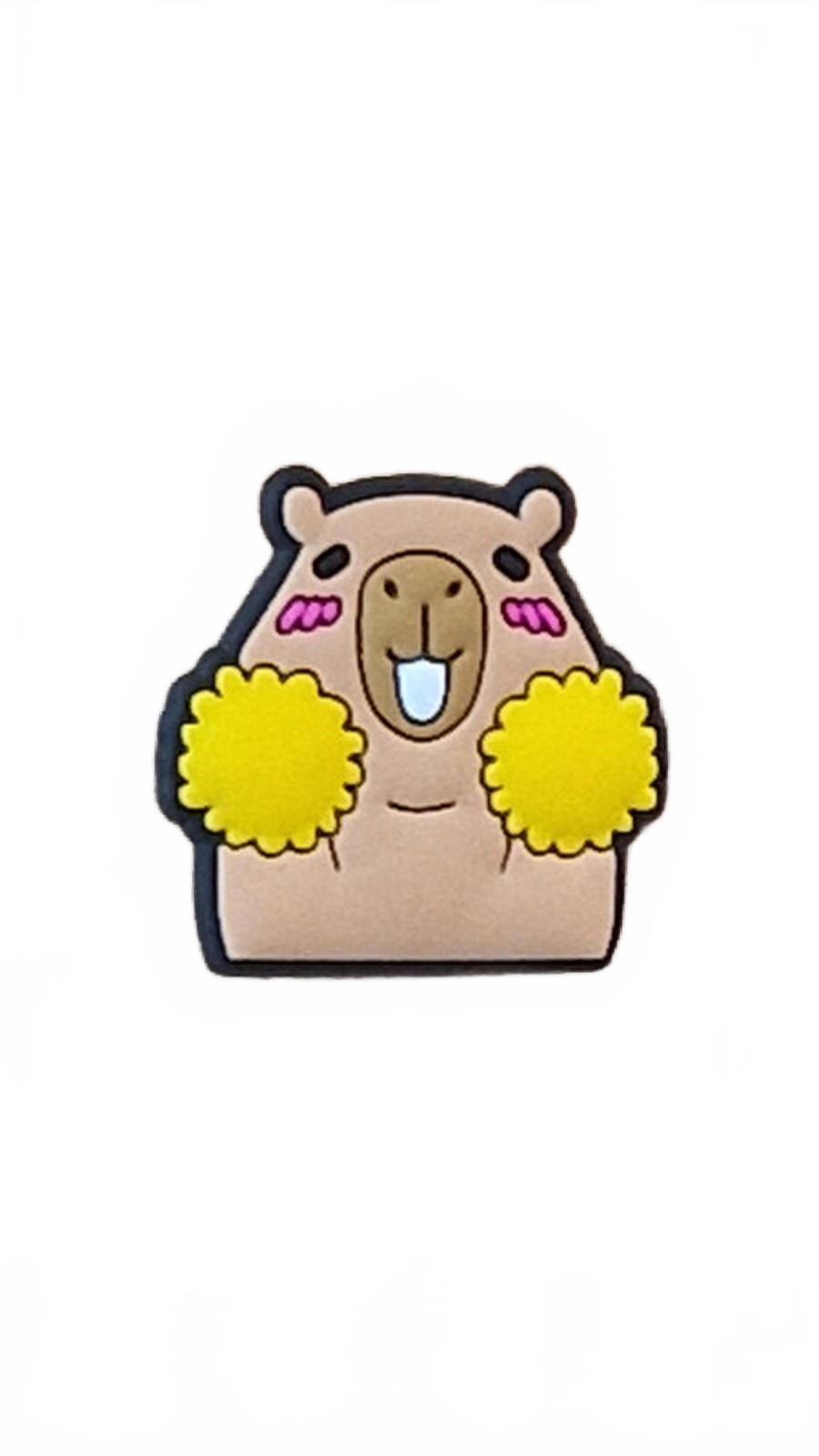 Cute capybara with pink cheeks holding pom poms shoe charm