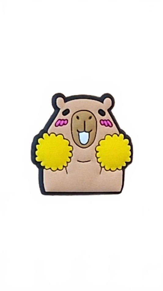 Cute capybara with pink cheeks holding pom poms shoe charm