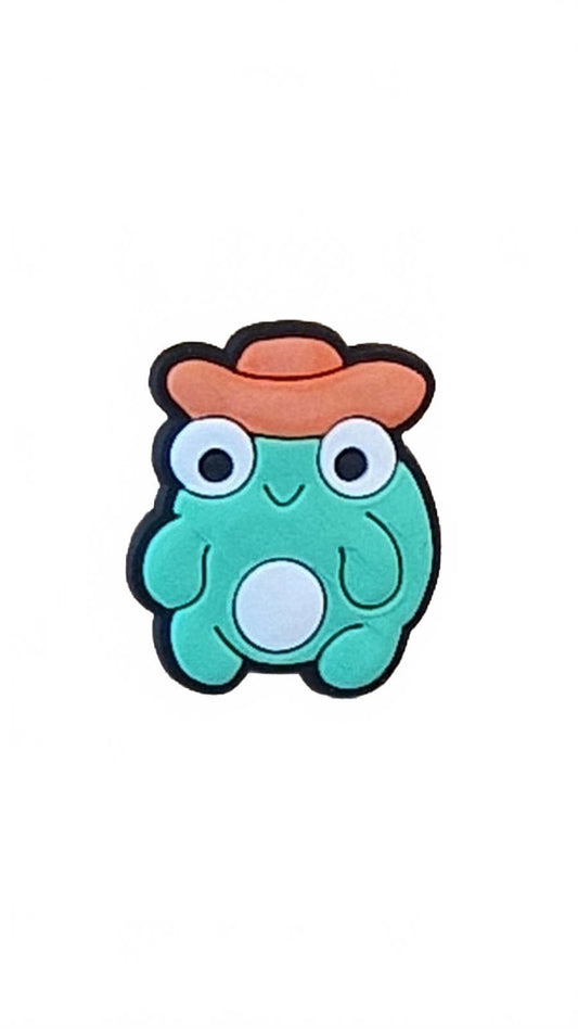 Grumpy frog smiling wearing cowboy hat shoe charm
