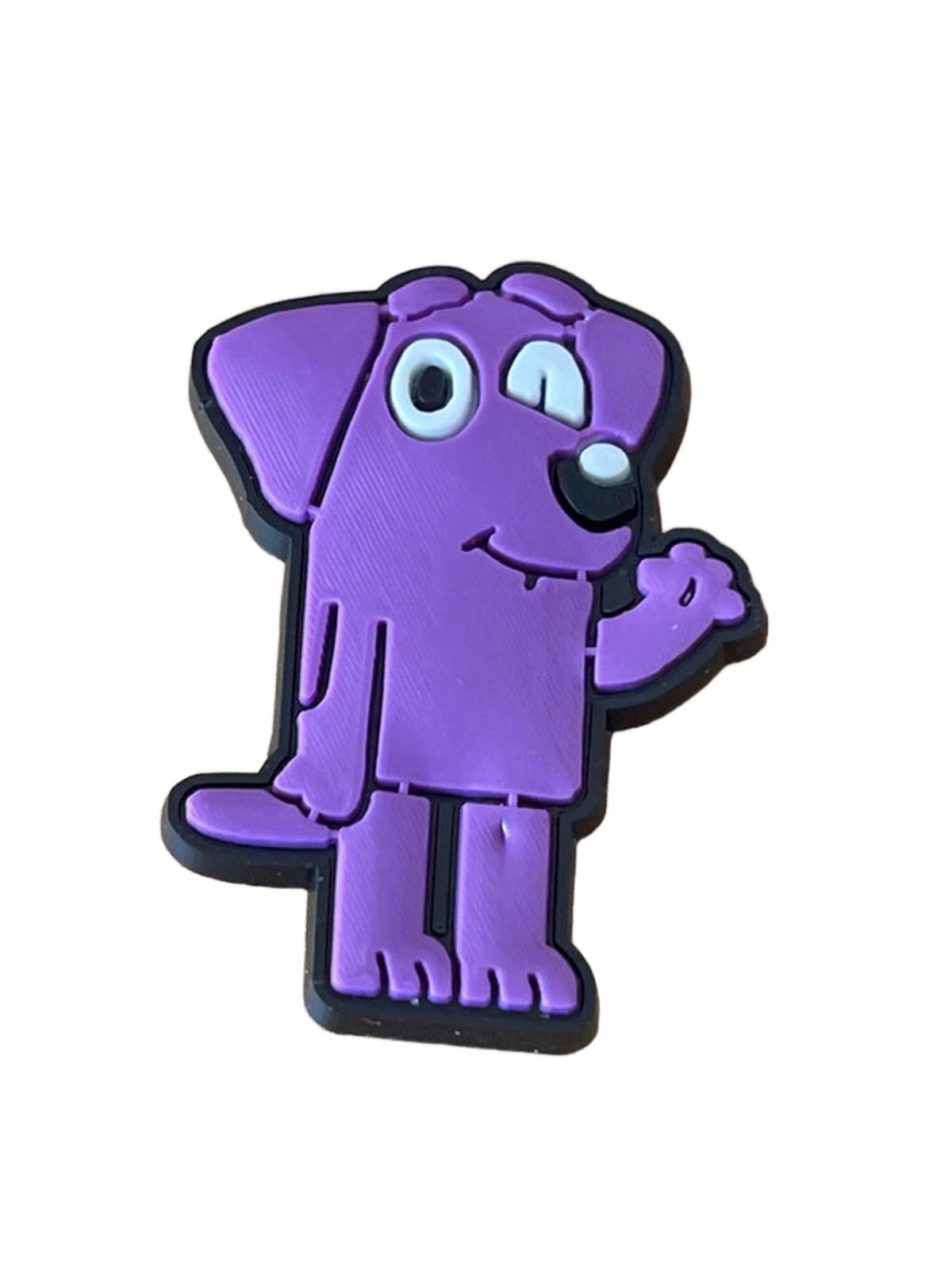 Cartoonish purple dog waving shoe charm