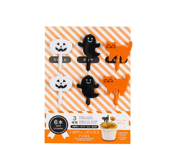 Kawaii cat ghost and pumpkin bento food picks 6 pack in Japanese packaging