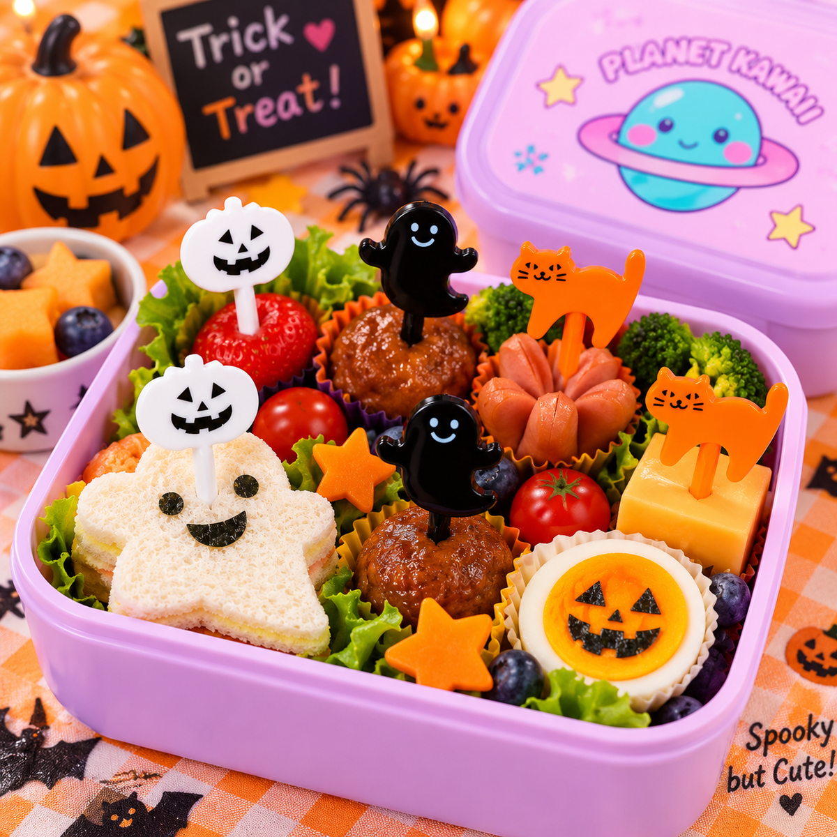 Kawaii cat ghost and pumpkin food picks used in a colourful bento lunch box