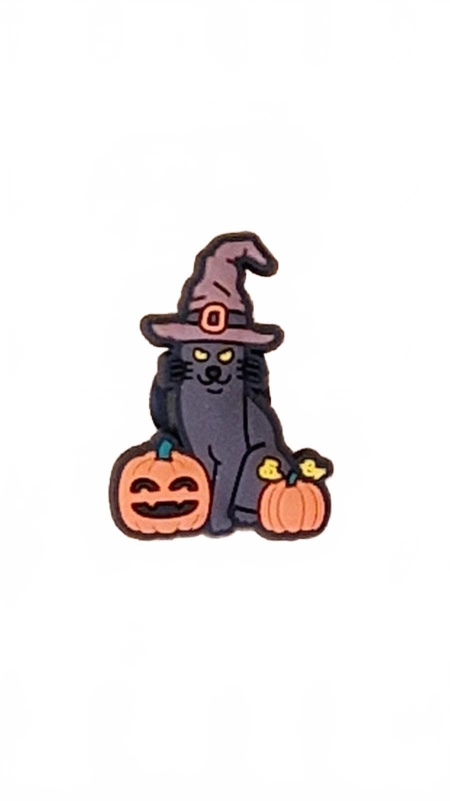 Smiling pumpkin and cat wearing witches hat Halloween shoe charm