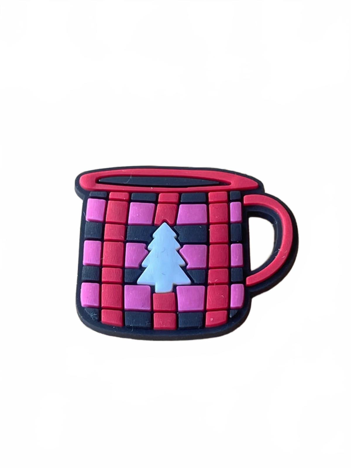 Red pink black chequered mug with tree Christmas shoe charm