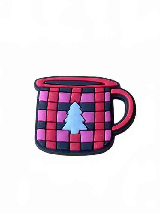 Red pink black chequered mug with tree Christmas shoe charm